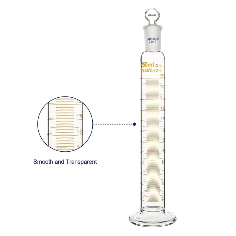 Labasics Graduated Cylinder with Stopper, 250 ml Borosilicate Glass Measuring Cylinder with 24/40 Standard Ground Joint Stopper, Durable Laboratory Glassware for Accurate Liquid Measurement - Image 2